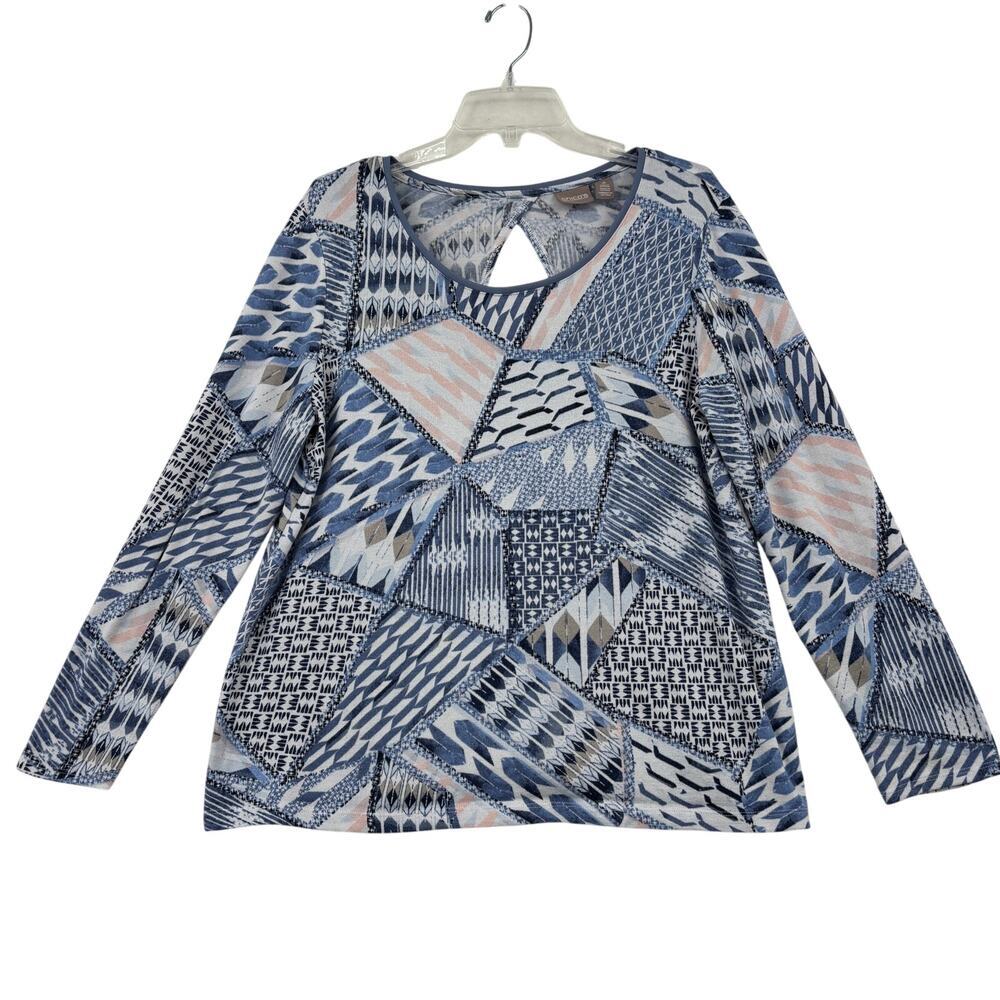 Chico's Blouse Top‎ with Tank Size XL Blue Print Layered Split Back Stretch Knit